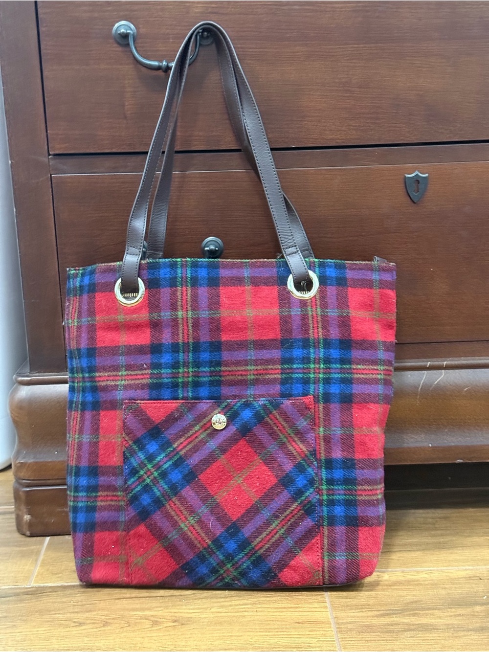 Talbots Plaid Wool and Leather Tote Bag